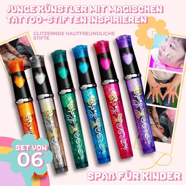 Kinder Tattoo Stifte Set – 6 Glitter Stifte mit Schablone für Mädchen