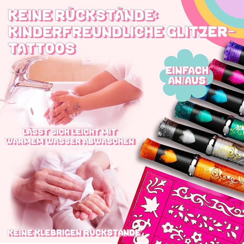 Kinder Tattoo Stifte Set – 6 Glitter Stifte mit Schablone für Mädchen