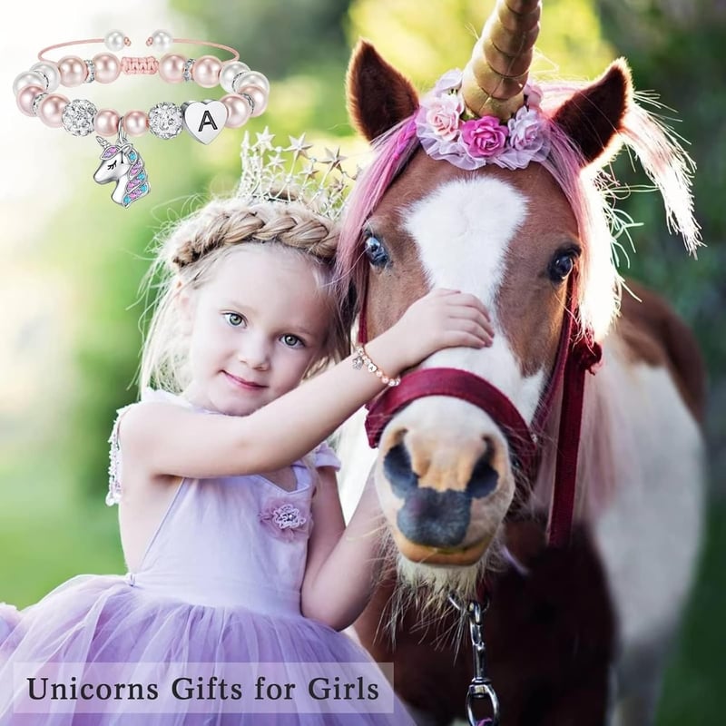 Einhorn-Armband für Mädchen mit rosa Perlen und Strass – Geburtstagsgeschenk
