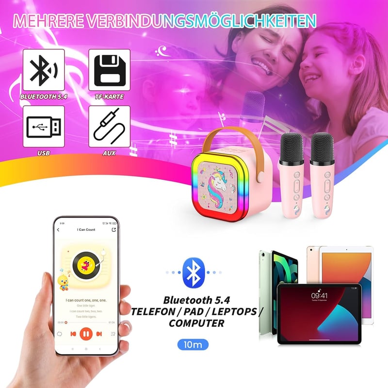 Karaoke Maschine für Kinder mit Bluetooth und 2 Mikrofonen, Einhorn Geschenk