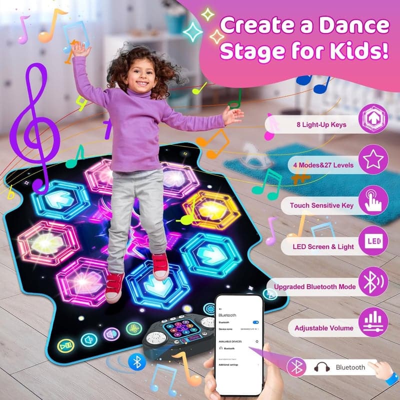 Tanzmatte für Mädchen, 27 Levels, LED, Bluetooth – Geburtstagsgeschenk ab 3 Jahren