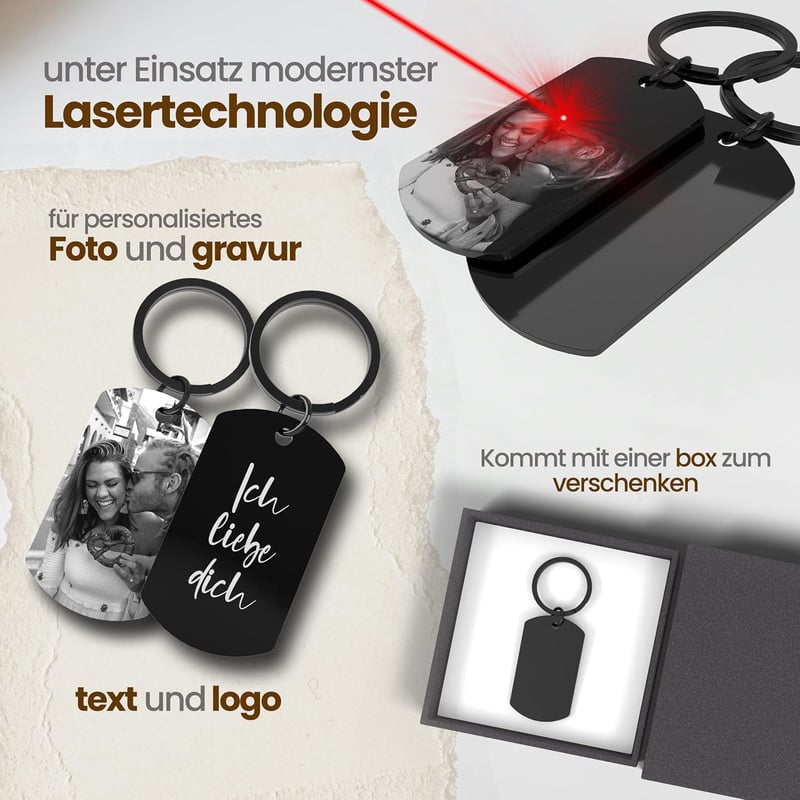 Personalisierter Schlüsselanhänger aus Edelstahl mit Fotogravur für Paare