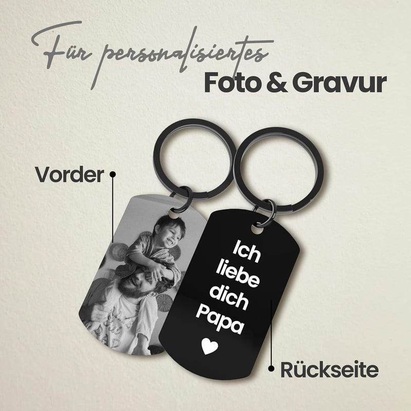 Personalisierter Schlüsselanhänger mit Foto und Gravur für Papa