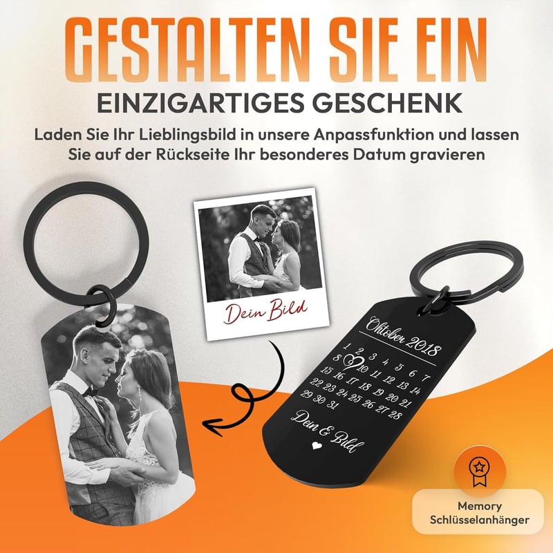 Personalisierter Edelstahl-Schlüsselanhänger mit Bild und Datum für Paare