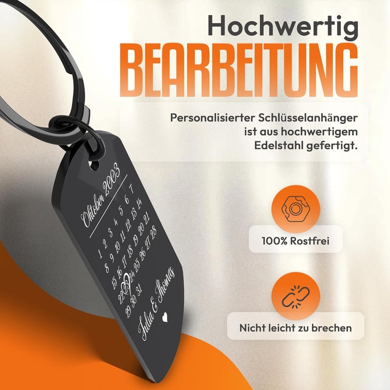 Personalisierter Edelstahl-Schlüsselanhänger mit Bild und Datum für Paare