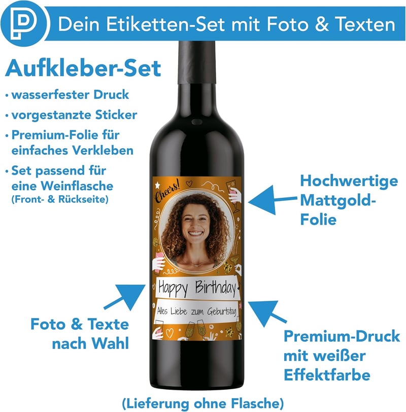 Personalisierte Weinflaschenetiketten mit Foto und Goldeffekt