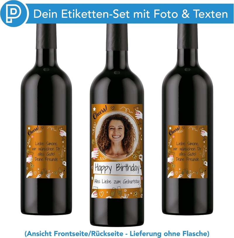 Personalisierte Weinflaschenetiketten mit Foto und Goldeffekt