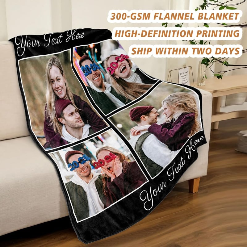 Personalisierte Kuscheldecke mit Foto und Text für Paare