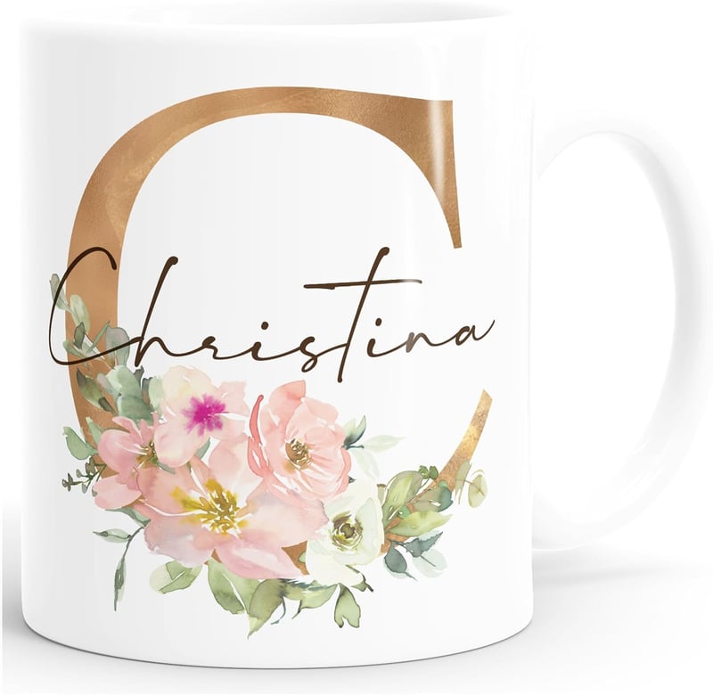 Personalisierte Keramiktasse mit Monogramm und Blumenmotiv
