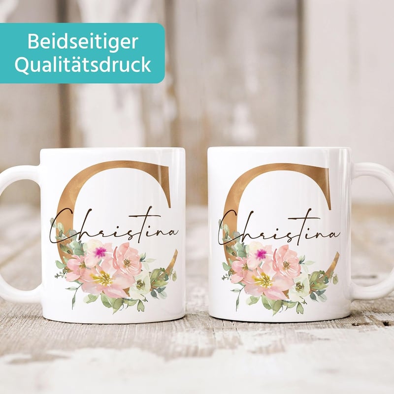 Personalisierte Keramiktasse mit Monogramm und Blumenmotiv