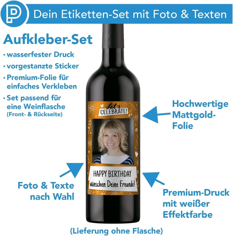 Personalisierte Flaschenetiketten mit Foto und Goldeffekt-Folie