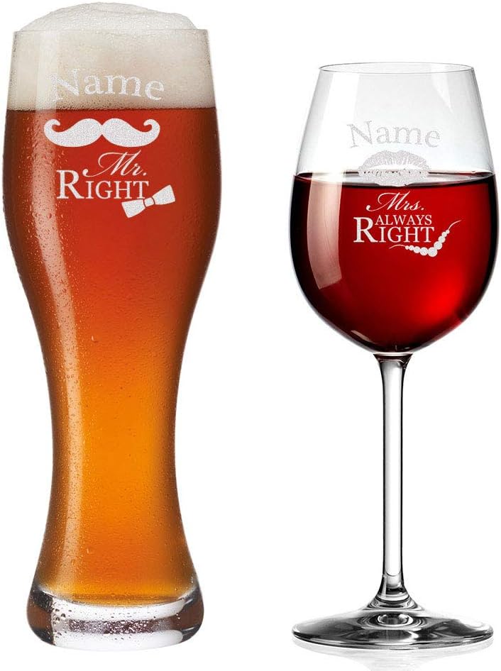 Personalisierte Weizengläser mit Gravur - Mr. & Mrs. Always Right - Hochzeitsgeschenk für Paare