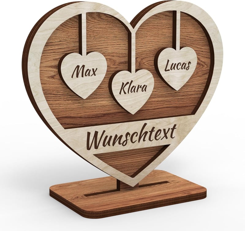 Personalisierte Holz Herz Deko mit 3 Namen – Geschenk für Eltern und Großeltern