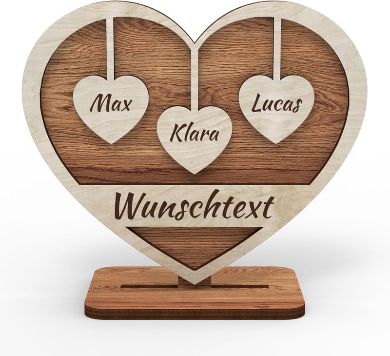 Personalisierte Holz Herz Deko mit 3 Namen – Geschenk für Eltern und Großeltern