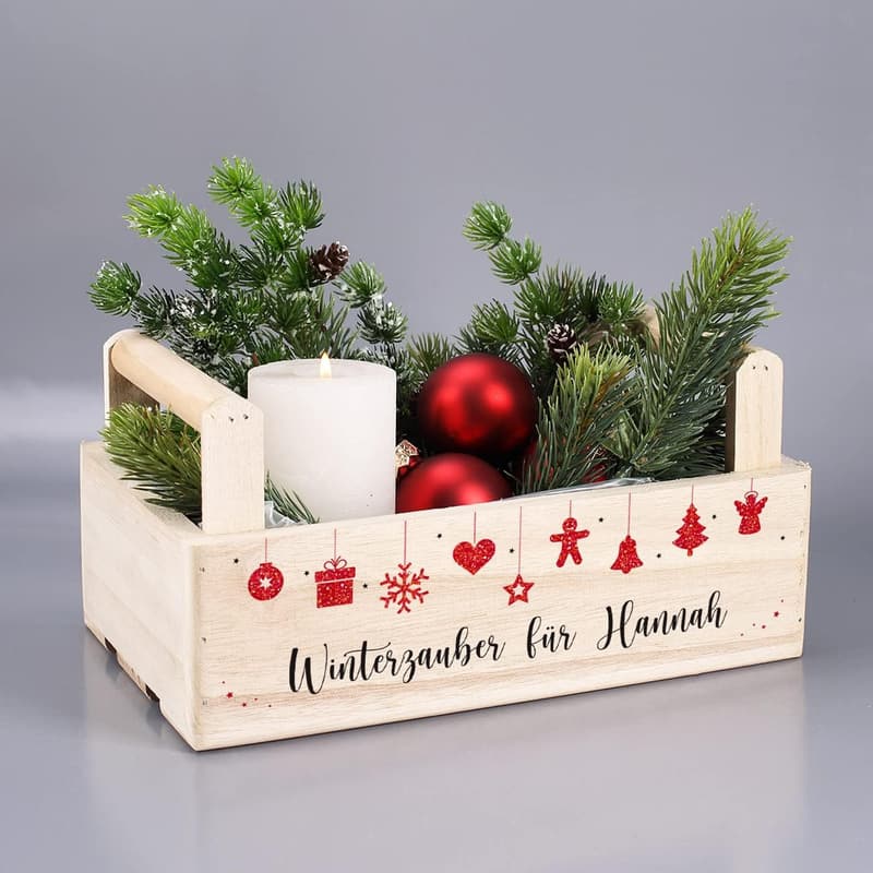 Personalisierte Holzkiste mit 2 Henkeln für Weihnachtsdekoration