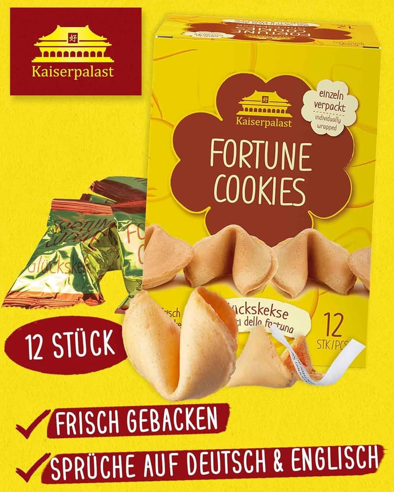 Glückskekse vegan, halal, einzeln verpackt, 12 Stück in roter Folie