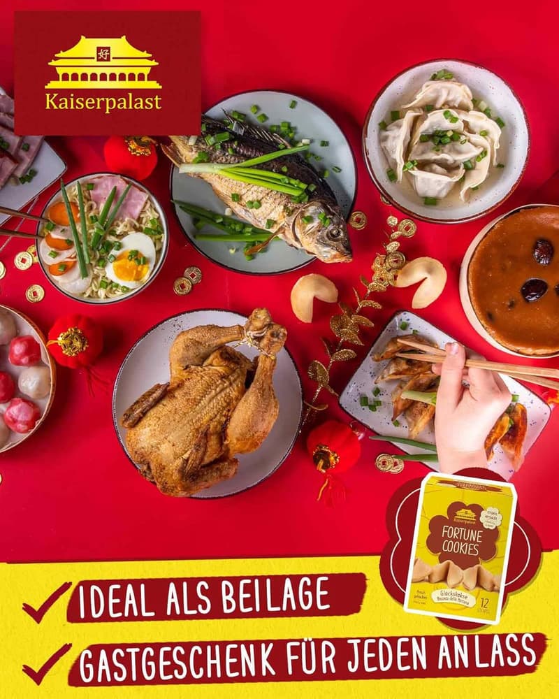 Glückskekse vegan, halal, einzeln verpackt, 12 Stück in roter Folie