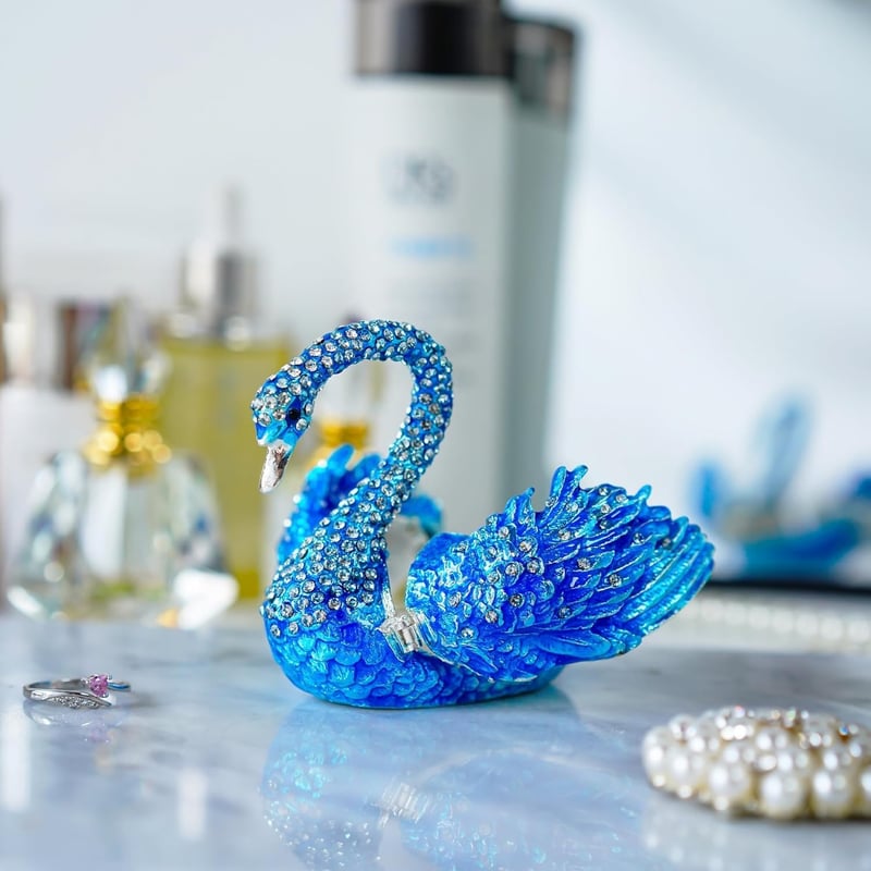 Handgefertigtes Schmuckkästchen mit blauem Schwan – Organizer für Ringe und Ohrringe