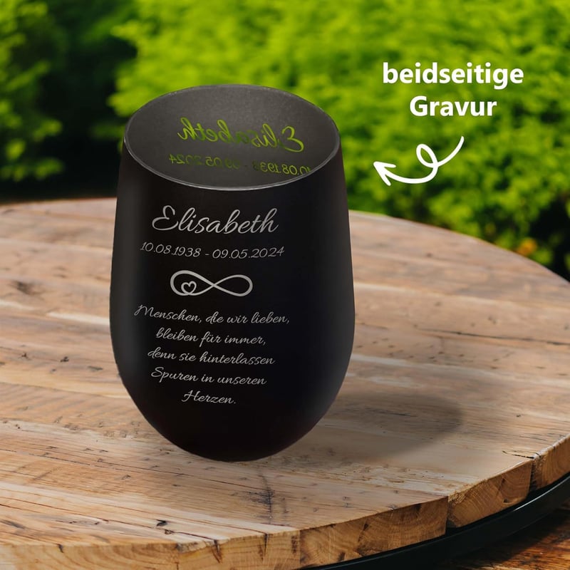 Individuelles Grablicht mit Gravur - Teelichthalter in Schwarz/Silber