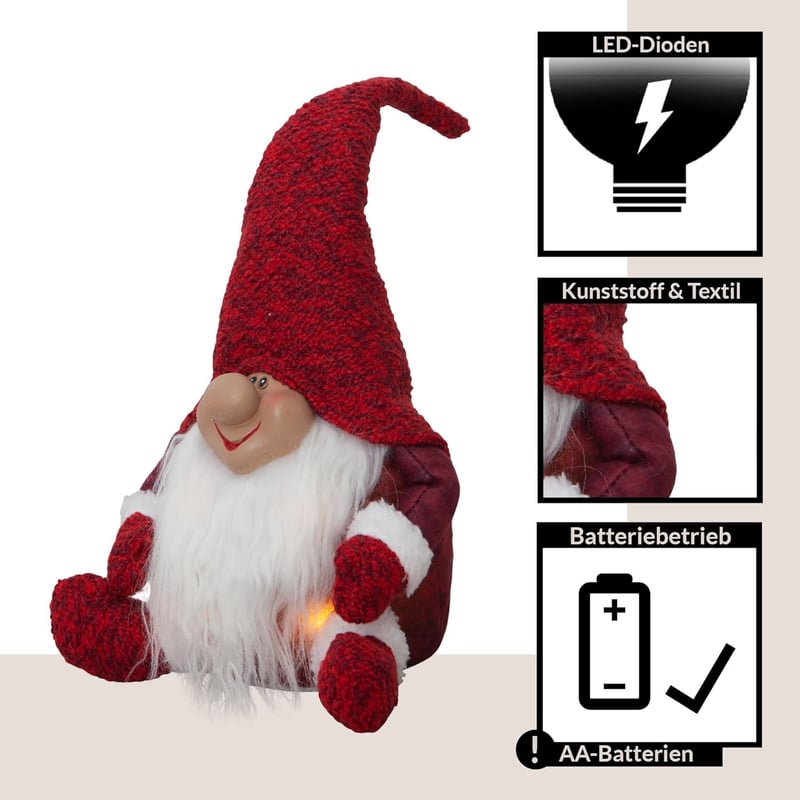 Weihnachtsdeko Wichtelfigur aus Stoff, batteriebetrieben, 34 cm