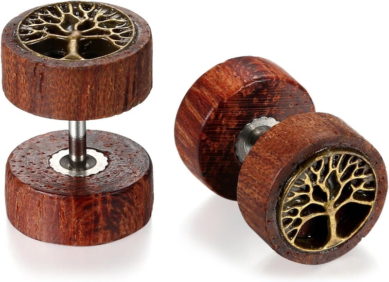 5 Paar Holzohrringe Set mit Edelstahl Fake Plugs und Motiven