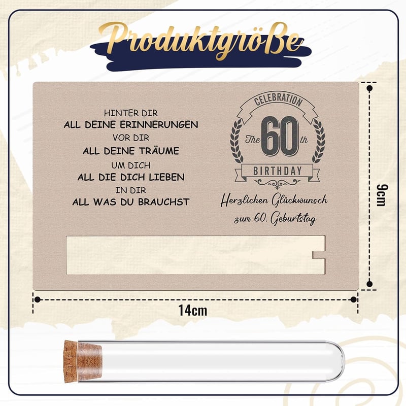 60. Geburtstag Geschenkverpackung mit Holzkarte und Reagenzglas