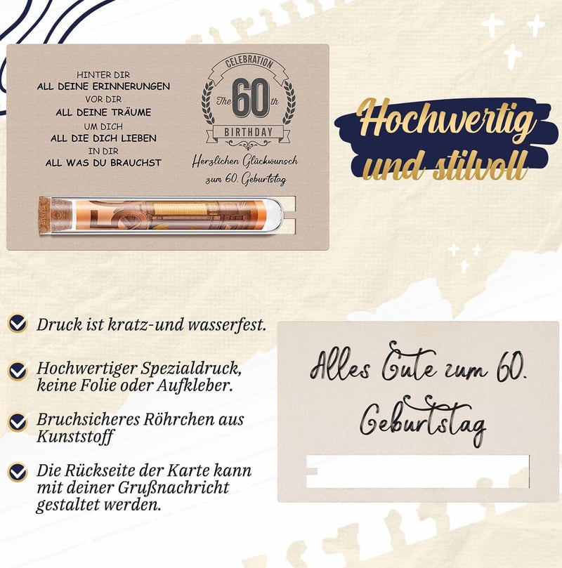 60. Geburtstag Geschenkverpackung mit Holzkarte und Reagenzglas