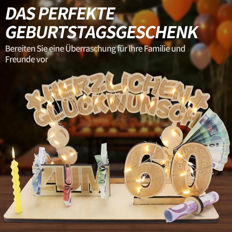 LED-Lichterkette für Geldgeschenke zum 60. Geburtstag, Holzdeko für Paare