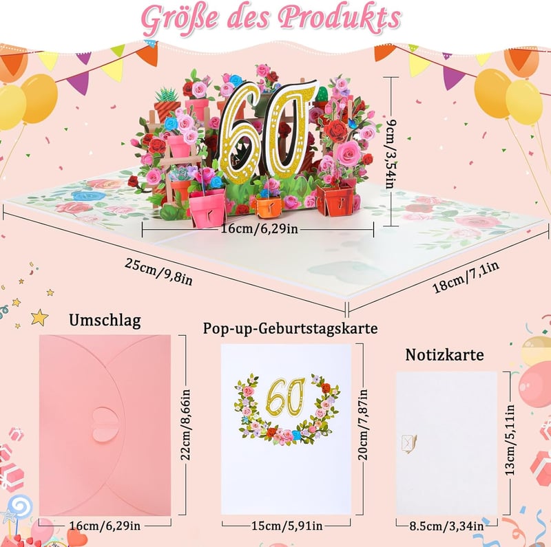 60. Geburtstagskarte mit 3D-Blume für Frauen und Mütter