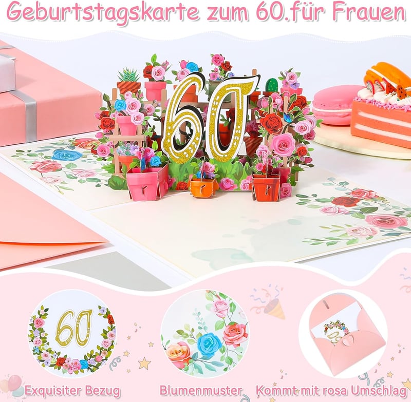 60. Geburtstagskarte mit 3D-Blume für Frauen und Mütter