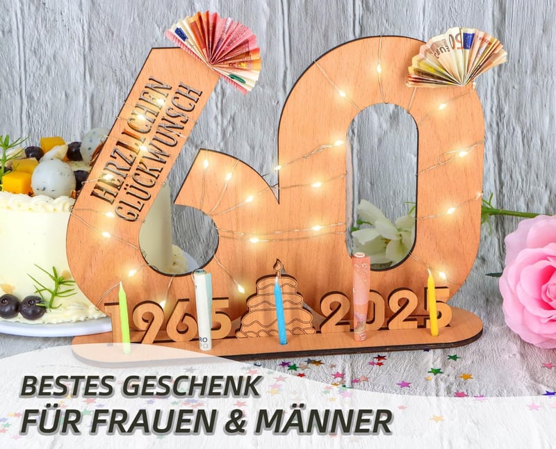 60. Geburtstag Geschenke für Paare - Personalisierbares Holz-Schild mit LED