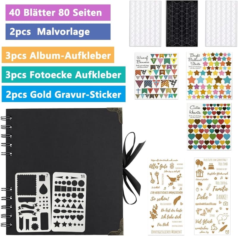 DIY Fotoalbum 21x21 cm mit 80 schwarzen Seiten - Ideal für Paare