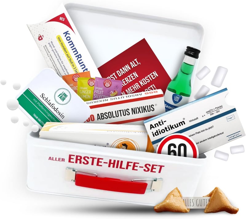Geschenkbox mit Erste-Hilfe-Set zum 60. Geburtstag | 8-teilig