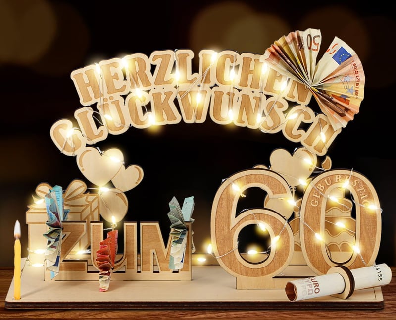 60. Geburtstag Holz-Geschenk mit LED-Lichterkette für Männer und Frauen