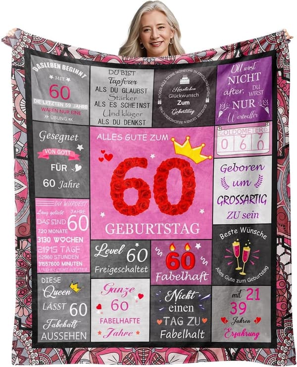 Deko-Decke zum 60. Geburtstag für Frauen, 150x130 cm, warm und gemütlich