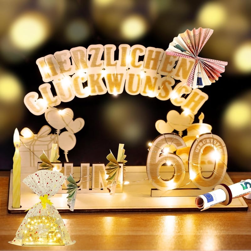 Geschenkideen 60. Geburtstag: Geldgeschenke Holz mit LED Lichterkette