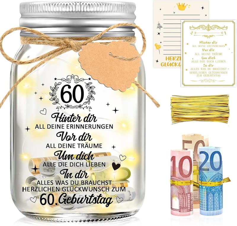 60. Geburtstagsgeschenk für Frauen - LED Flaschenlicht mit Geldgeschenk
