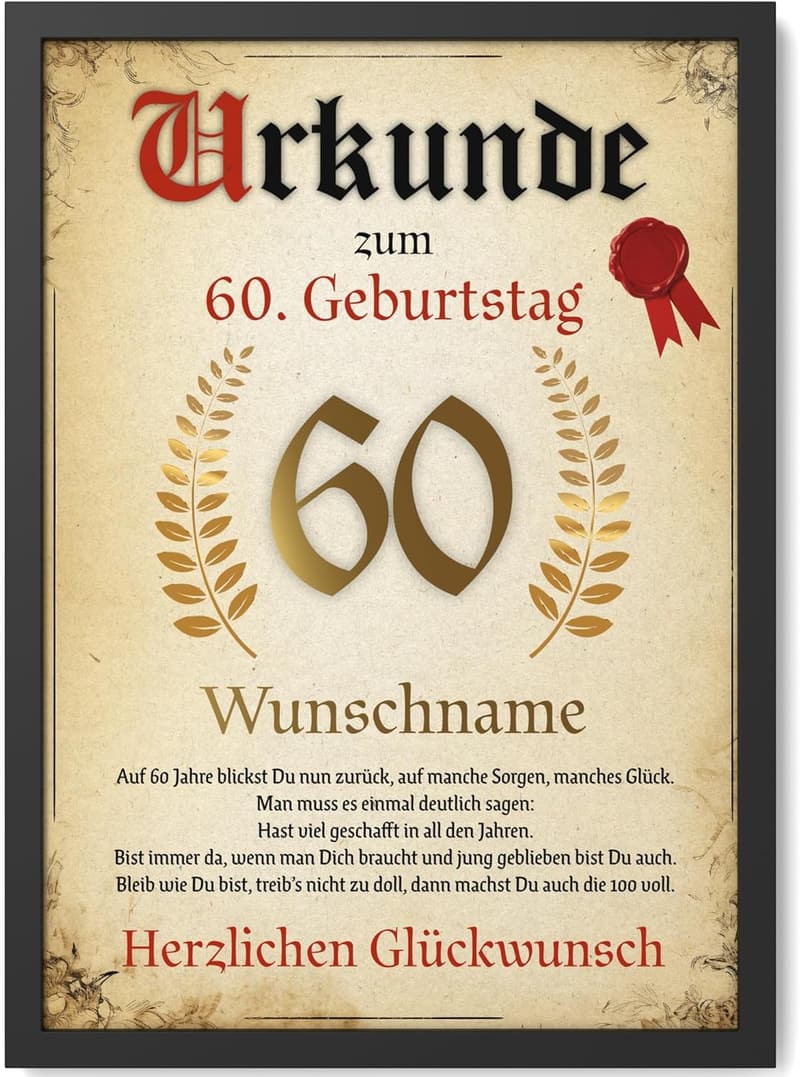Personalisierte Urkunde zum 60. Geburtstag für Frauen und Männer