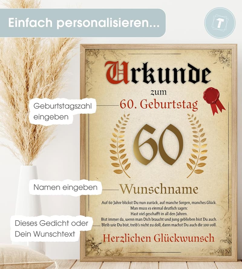Personalisierte Urkunde zum 60. Geburtstag für Frauen und Männer