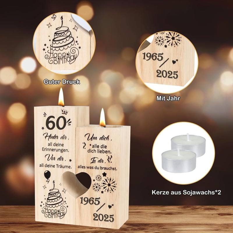 Kerzenständer zum 60. Geburtstag für Frauen, Geschenkidee 1965-2025
