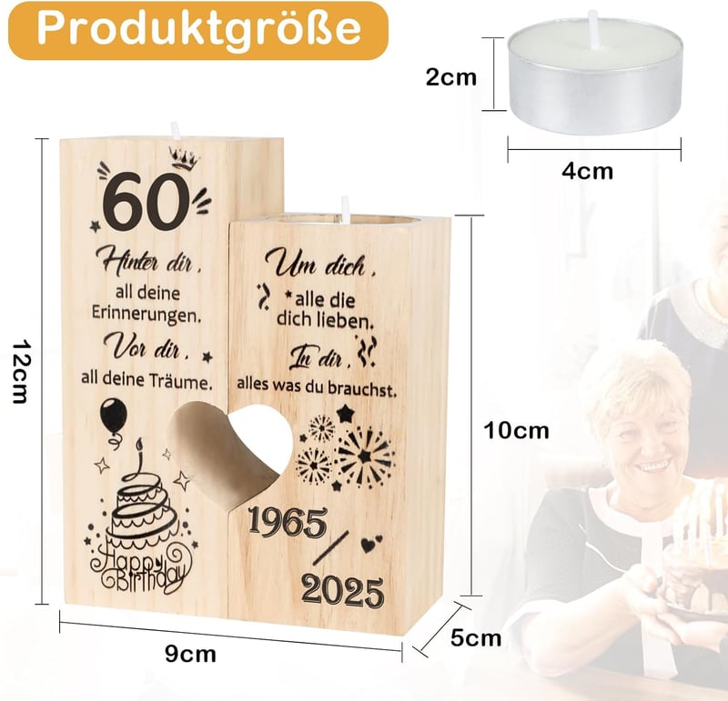 Kerzenständer zum 60. Geburtstag für Frauen, Geschenkidee 1965-2025