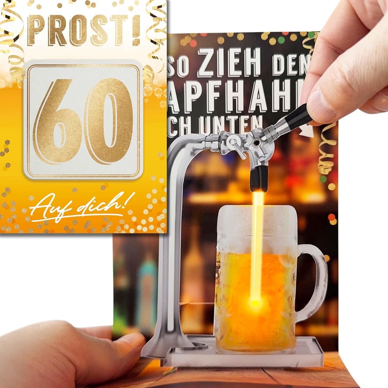 60. Geburtstag Pop-Up Geburtstagskarte Bierzapfen mit beweglichem Zapfhahn