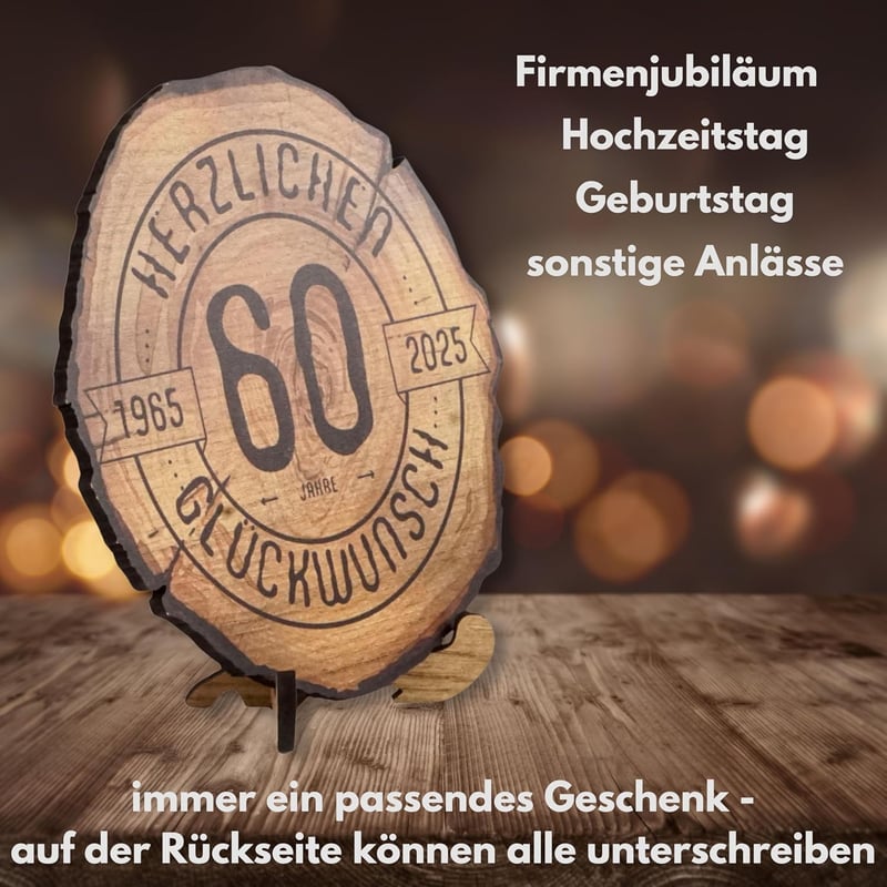 Holzscheibe zum 60. Geburtstag - Jubiläumsgeschenk, 20 cm