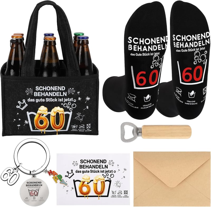 Lustige Männerhandtasche mit Flaschenöffner und Socken zum 60. Geburtstag