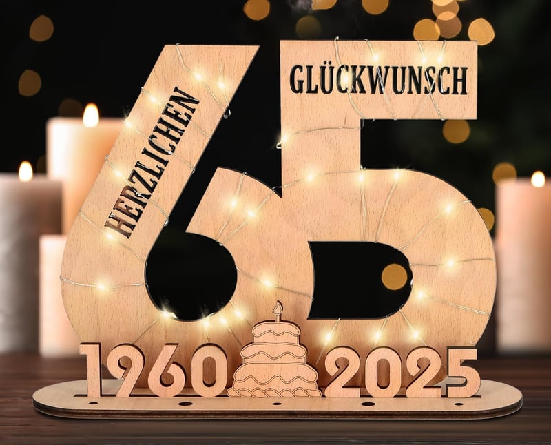 Personalisierbares Holz-Schild zum 65. Geburtstag für Paare mit LED Lichterkette