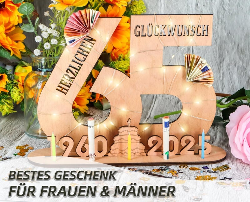 Personalisierbares Holz-Schild zum 65. Geburtstag für Paare mit LED Lichterkette
