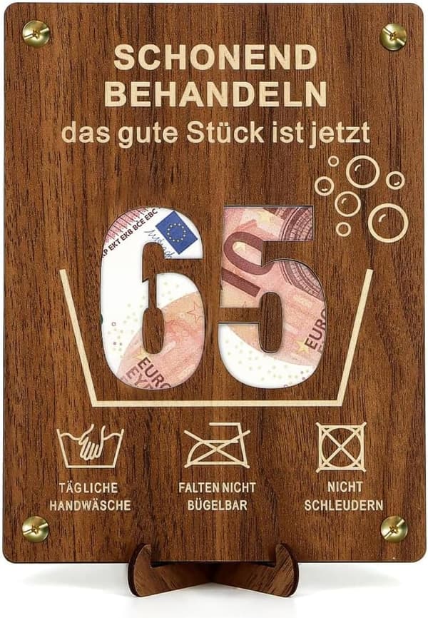 Witzige Geschenkverpackung für Geldgeschenke zum 65. Geburtstag