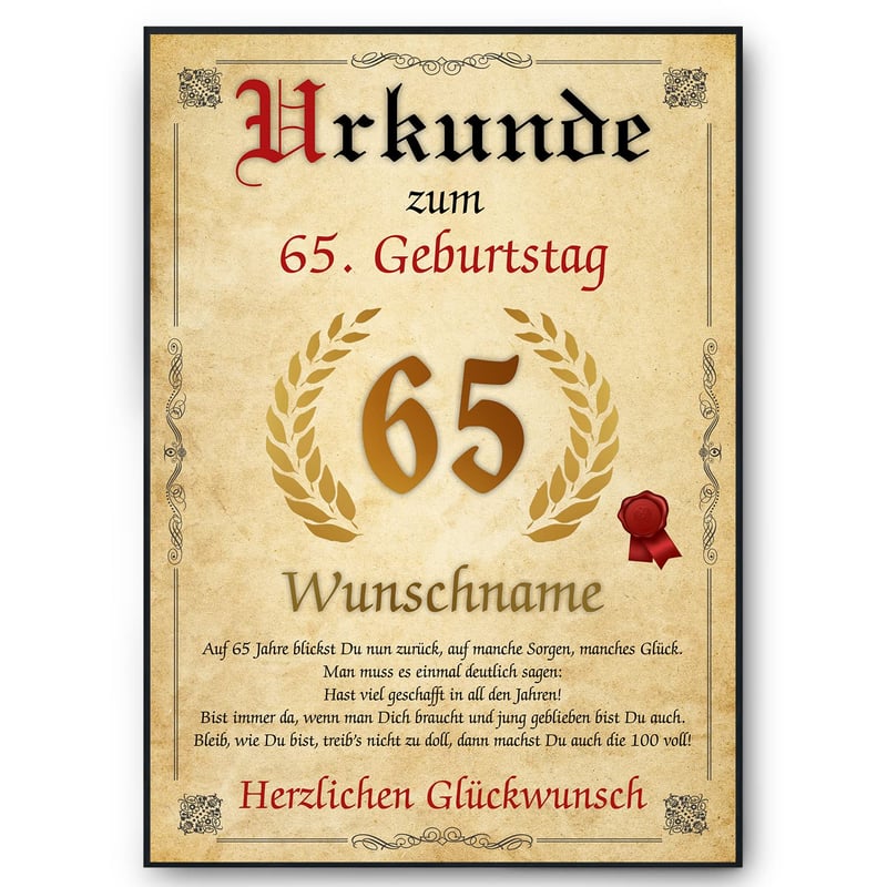 Personalisierte Urkunde zum 65. Geburtstag für Männer und Frauen