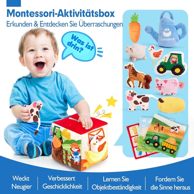 Überraschungs-Entwicklungsbox mit Bauernhoftieren für Babys 6-12 Monate