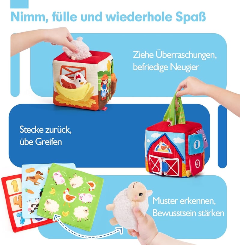 Überraschungs-Entwicklungsbox mit Bauernhoftieren für Babys 6-12 Monate